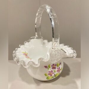 Fenton Hand Painted Glass Basket Milk Glass Floral Signed Cottagecore